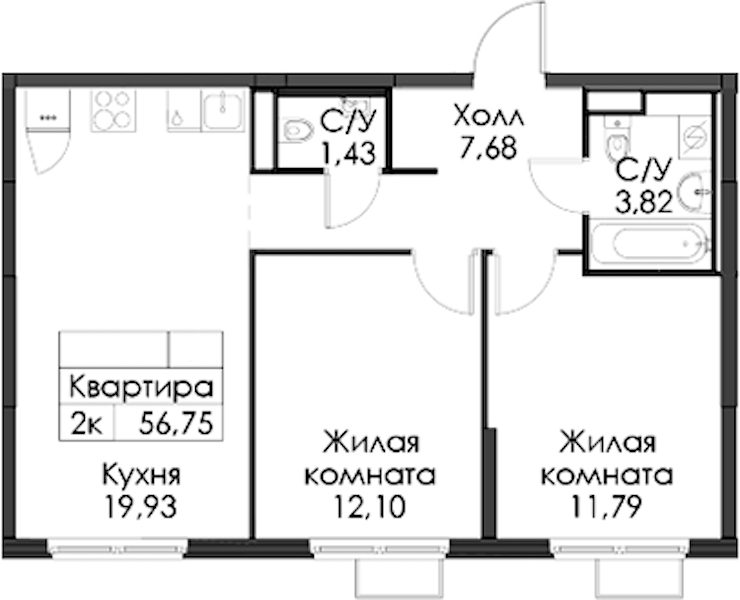 2-комнатная квартира 56.75 м², 7/12 эт., ЖК «Таллинский парк»